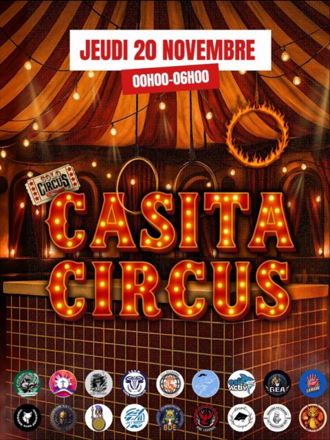 🎪 CASITA CIRCUS débarque ! 🎪
 Prépare-toi pour une nuit de folie, de feu et de magie 🔥✨ Une déco immersive, des performers, une ambiance digne du Cirque du Soleil et une soirée qui va tout enflammer 🤪🔥

🎉 +15 BDE réunis sous le chapiteau !
 🎟️ Avec ta place : 🎪 Accès au chapiteau ( club casita ) 💸 Tarifs préférentiels 🚌 Navettes gratuites aller-retour

🚌GARE (pont de sète) -> CASITA
23H30
00H00
00H30
01H00

🚌CASITA -> GARE (pont de sete) -> Occitanie
03H30
04H15
05H00

 Prends vite ta place avant qu’il soit trop tard 🎟️ le lien est en story et dans notre bio !

#soiree #soiréeetudiante #partytime #nightlife #montpellier #mtp #sortiramontpellier 
#lacasita #lacasitamontpellier #lafumerie #lafumeriemontpellier 
#20novembre #soiree20novembre #beforeparty #casitanight #eventmontpellier 
#goodvibes #fiesta #clubbing