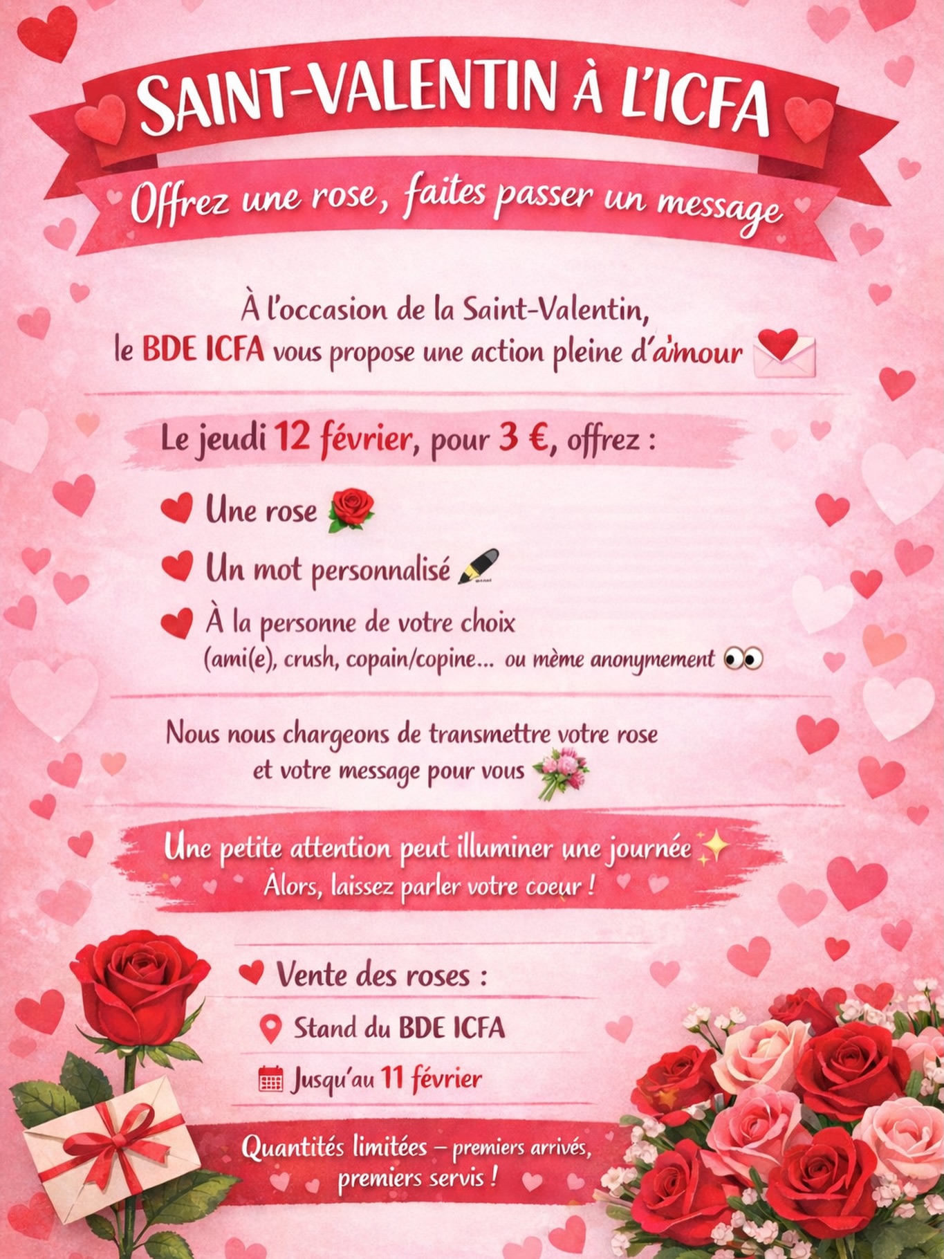 💌 Saint-Valentin à l’ICFA 💌

Le 12 février, pour 3,50 €, offre une 🌹 avec un mot personnalisé à la personne de ton choix 💖

👉 Réserve ta rose en envoyant un SMS en privé 📩
⚠️ Quantités limitées !