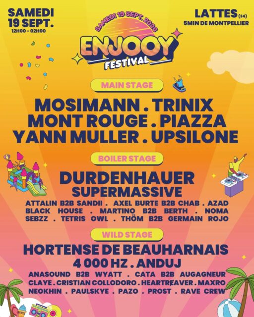 ✨ ENJOOY FESTIVAL IS BACK ✨
Rejoins nous pour la plus grande soirée d'intégration de France !
On a un code promo de 5€ rien que pour toi 👀 : *ICFATOENJOOY*
📅 SAMEDI 19 SEPTEMBRE 2026
🕛 De 12h00 à 02h00
📍 Parc de Maurin - Lattes (à 5 min de Montpellier)
Ton BDE est super fier de t’annoncer son tout nouveau partenariat avec ENJOOY FESTIVAL 🌈
Cette année, oublie les soirées d’inté classiques... On t’embarque pour 14H de pur kiff en mode
FESTIVAL D’INTÉGRATION ! 🔥 🎵 3 scènes
🌸 12 000 festivaliers
🎤 40 artistes
🎡 1 fête foraine géante
🌈 +15 activités gratuites
🤩 50 écoles partenaires
🌳 100% open air
🚌 Des navettes gratuites pour t’emmener et te ramener en toute sécurité ! ❤
On a un code promo de 5€ rien que pour toi 👀
🎟 Alors fonce prendre ta place & reste connecté... des surprises arrivent très vite !